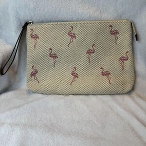 Tommy Bahama Wristlet Clutch Womens Beige Flamingo Embroidered Linen Zip Top